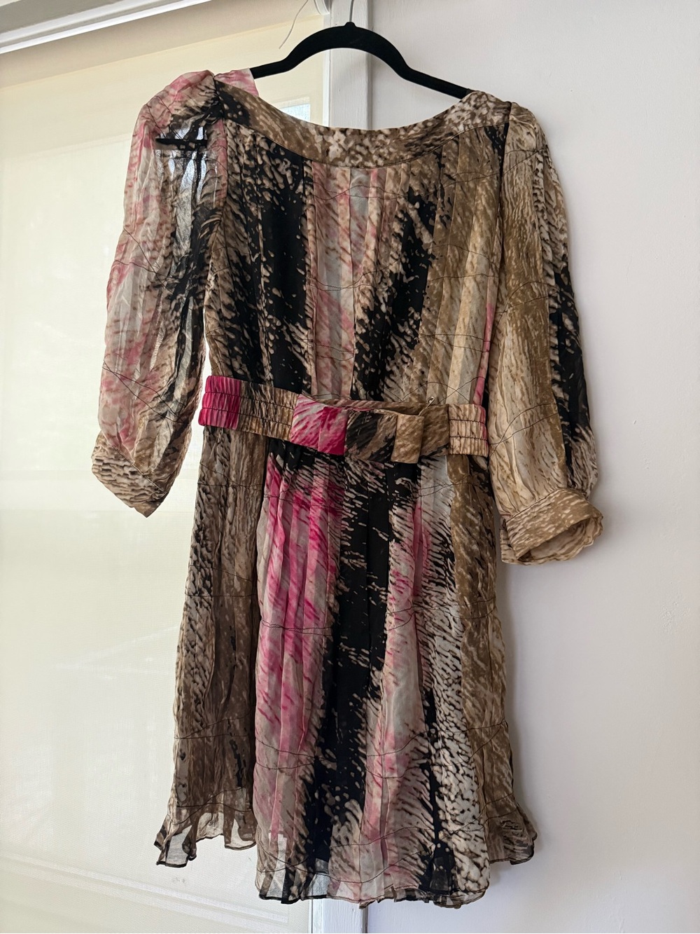 Diane Von Furstenberg Sheer Printed Long-Sleeve Dress in Pink, Black & Brown
